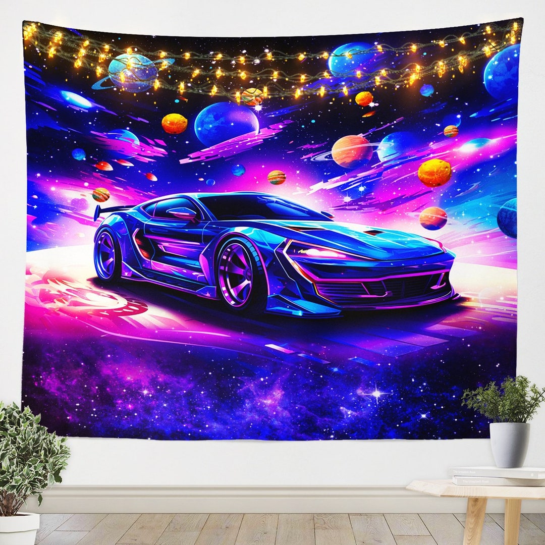 Racing Car Modern Wall Blankets Tapestry, Neon Purple Starry Galaxy
