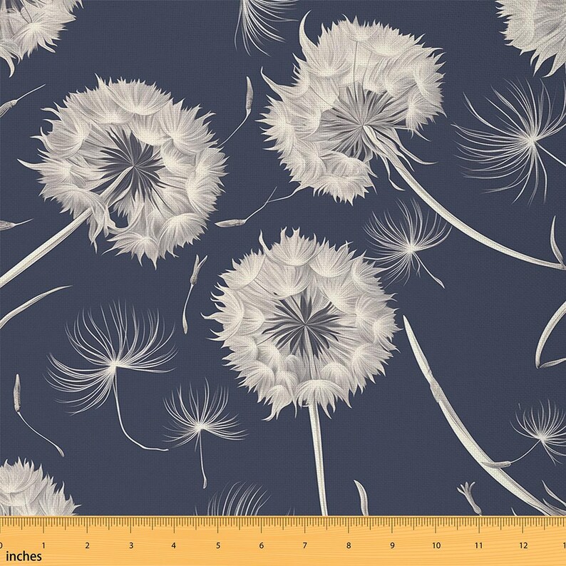 Dandelion Polyester Fabric by the Yard, Natural Garden Flowers Leaves