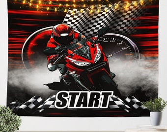 Dirt Bike Motorcycle Tapestry, Extreme Sports Competition Wall Hanging, Checker Flag Modern Red Neon Lights Wall Blanket Tapestries,Handmade