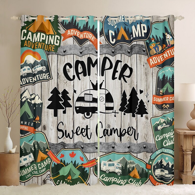 Camping Curtain Set for RV Decor, Nature Adventure Camper Trailer Camp