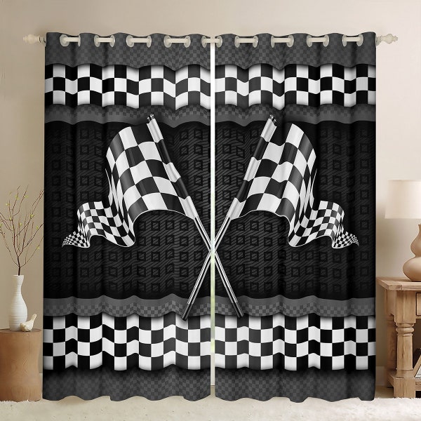 Racing Car Checker Flag Window Curtain Set, Extreme Sports Black White Window Drapes, Geometric Plaid Grid Modern Curtains, Handmade