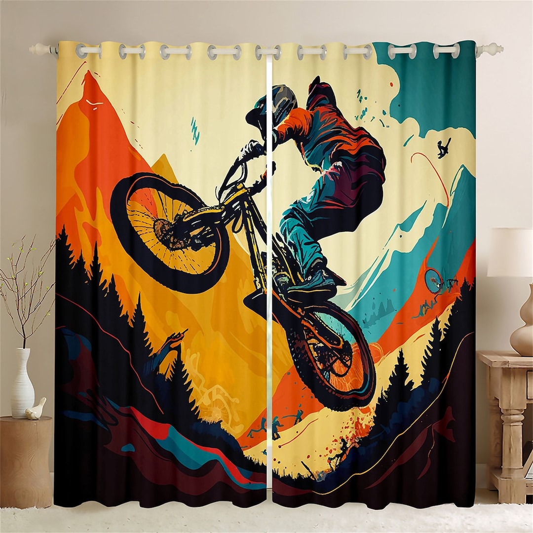 Motorcycle Window Curtain Set, Watercolor Tie Dye Curtains, Dirt Bike Motocross Extreme Sports