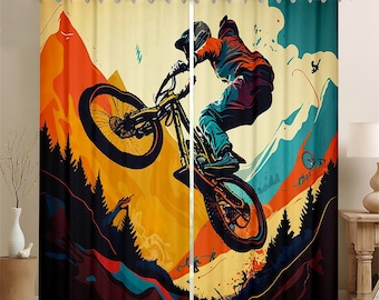 Motorcycle Window Curtain Set, Watercolor Tie Dye Curtains, Dirt Bike Motocross Extreme Sports Theme Window Drapes, Handmade