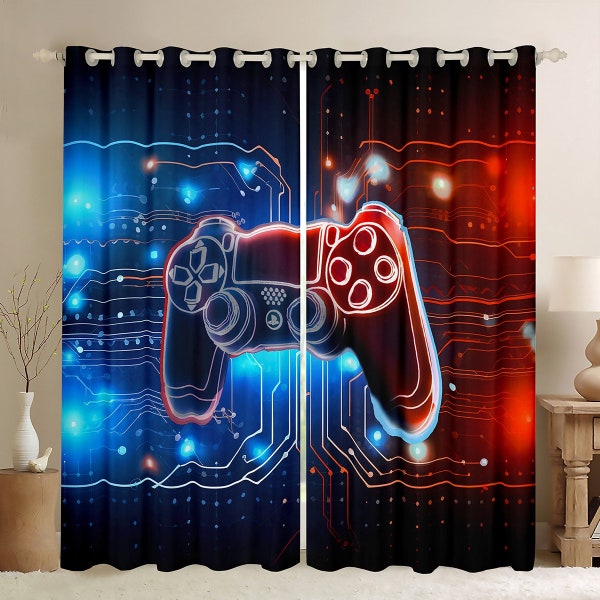 Moderne Spiel Pad Fenstervorhänge, Blau Rot / Blau Grün Neon Lichter Glitzer Fenstervorhänge, Gaming Videospiel Controller Vorhang Set, Handgemacht