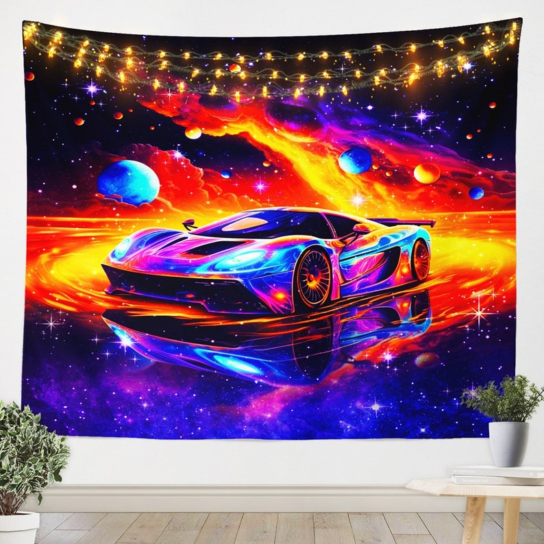 Racing Car Modern Wall Blankets Tapestry, Neon Purple Starry Galaxy