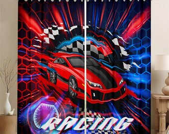 Red Racing Car Window Curtain Set, Red Blue Neon Honeycomb Geometric Hexagon Curtains, Extreme Sport Competition Window Drapes, Handmade