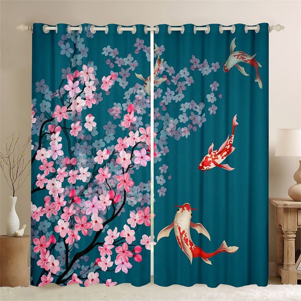 Japanese Style Koi Fish Window Drapes, Pink Cherry Blossom Flower Silhouette Window Curtains, Watercolor Teal Green Curtain Set, Handmade