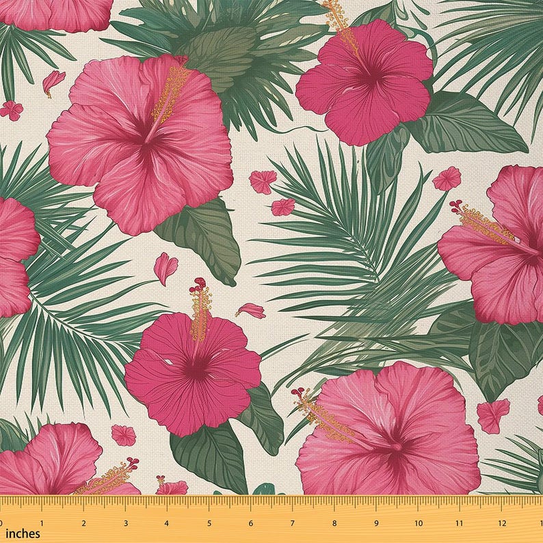 Tropical Pink Flowers Fabric by the Yard, Jungle Palm Leaves Polyester