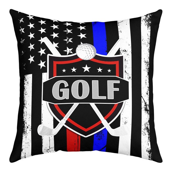 Housse de coussin de golf faite main, jeu de balle de sport moderne, clubs de golf, housse de coussin de canapé, drapeau américain rétro, rayures étoiles, taie d'oreiller graffiti