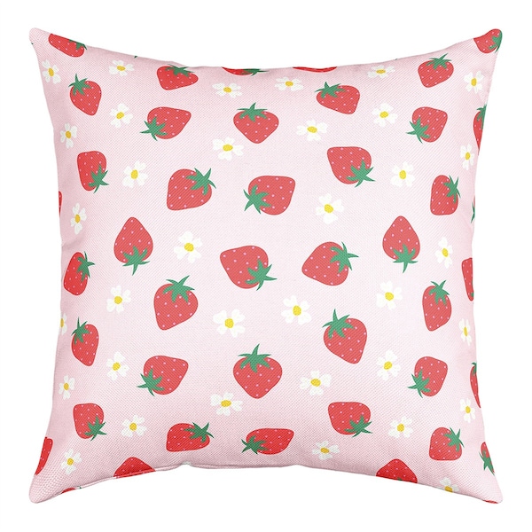 Jolie housse de taie d'oreiller aux fraises, marguerite blanche et rose, housse de coussin florale fruits aquarelle pour canapé-lit, fait main