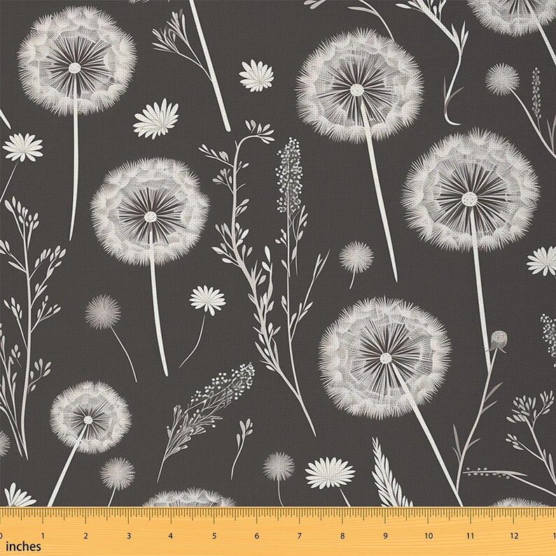Dandelion Polyester Fabric by the Yard, Natural Garden Flowers Leaves
