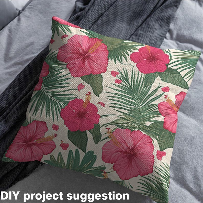 Tropical Pink Flowers Fabric by the Yard, Jungle Palm Leaves Polyester