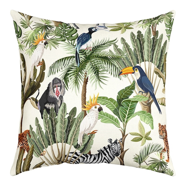 VENTE spéciale, housse de coussin de style jungle tropicale, housse de coussin botanique palmier, taie d'oreiller toucan sauvage singe zèbre léopard, fait main