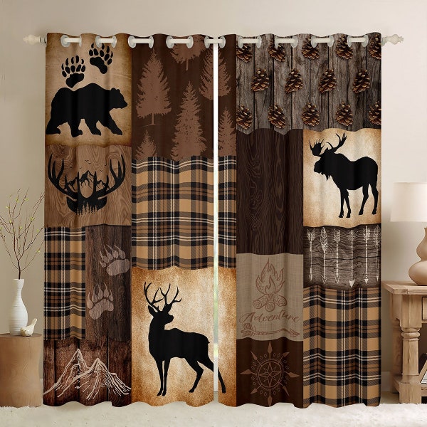 Jungle Animal Window Curtains, Wild Elk Deer Antler Bear Paw Window Drapes, Rustic Brown Plaid Wooden Board Splicing Curtain Set, Handmade