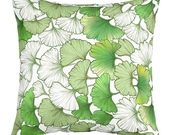 Ginkgo Leaves Handmade Pillow Cover, Watercolor Gradient Green White Botanical Pillow Case Cover, Rustic Plant Leaf Reversible Cushion Cover