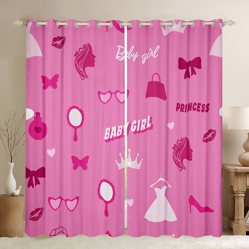 Barbie Window Curtains, Baby Girl Princess Crown Dress Silhouette Window Drapes, Watercolor Pink