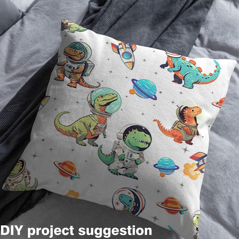 Cartoon Dinosaur Fabric by the Yard, Dinosaur Astronaut Cute Fabric for