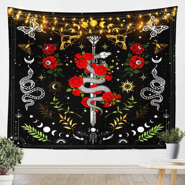 Snake Gothic Wall Blankets Tapestries, Red Rose Flowers Watercolor Tapestry, Golden Moth Exotic Sun Moon Psychedelic Wall Hangings, Handmade