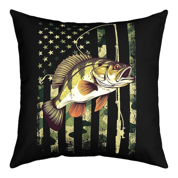 Pike Fish Pillow Case Cover, Nature Fishing Hunting Adventure Animal Cushion Cover, Retro USA Flag Green Camouflage Pillow Cover, Handmade