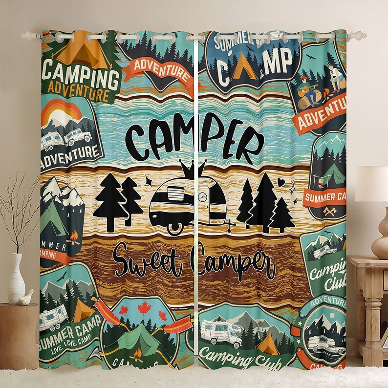 Camping Curtain Set for RV Decor, Nature Adventure Camper Trailer Camp