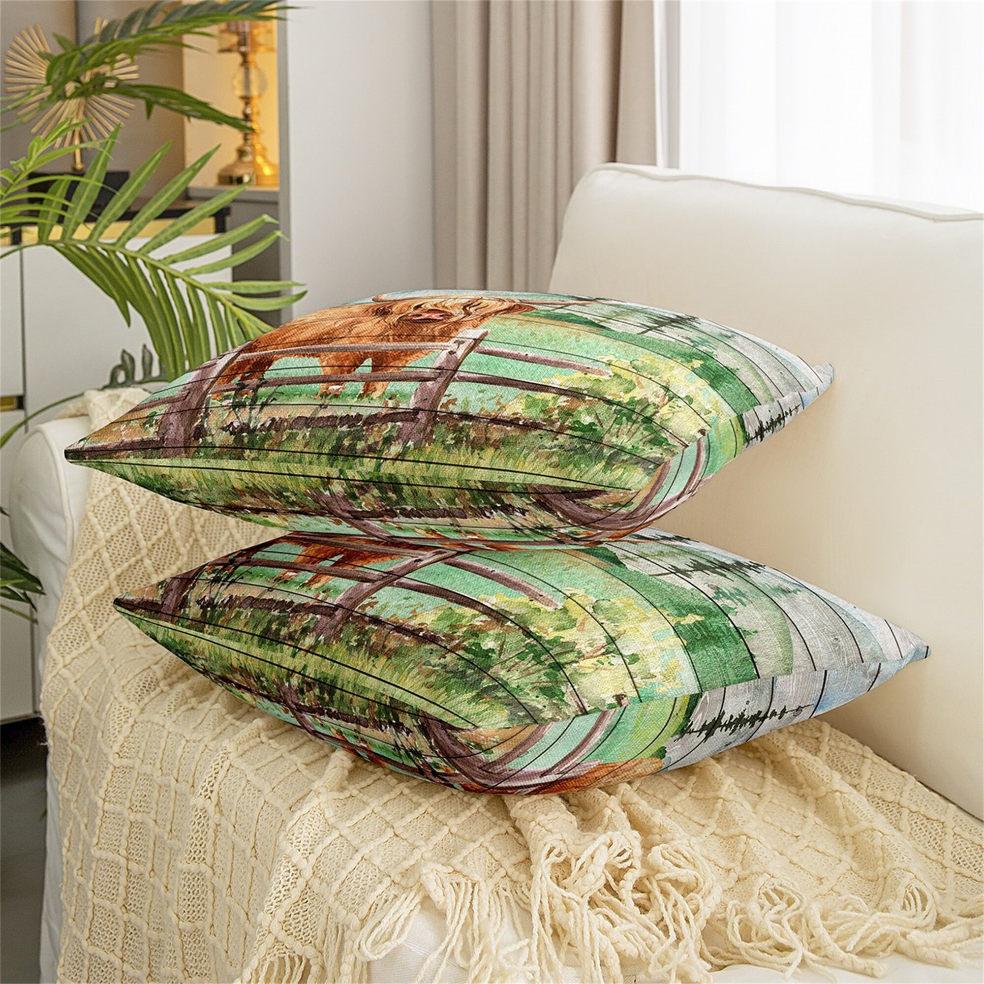 Highland Cattle Handmade Pillow Case Cover, Rustic Farm Animal Sofa