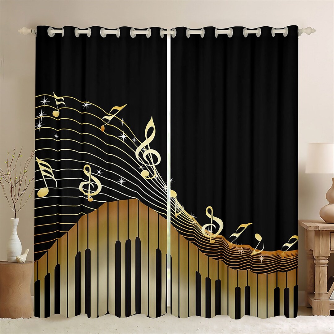 Musical Notes Handmade Window Curtains, Piano Keyboard Print Window