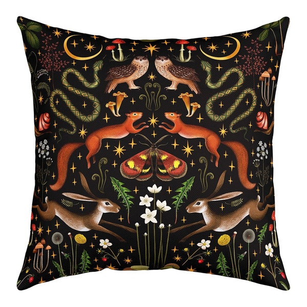 Housse de coussin, papillon de nuit, serpent, renard, plante botanique, champignon, housse de coussin, housse de taie d'oreiller floral, étoiles, lune, fait main