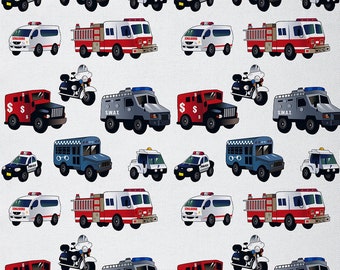 Cartoon Cars White Fabric by The Yard, Police Car Firefighting Truck Ambulance Polyester Fabric, Traffic Vehicles Fabric for Sewing,Handmade