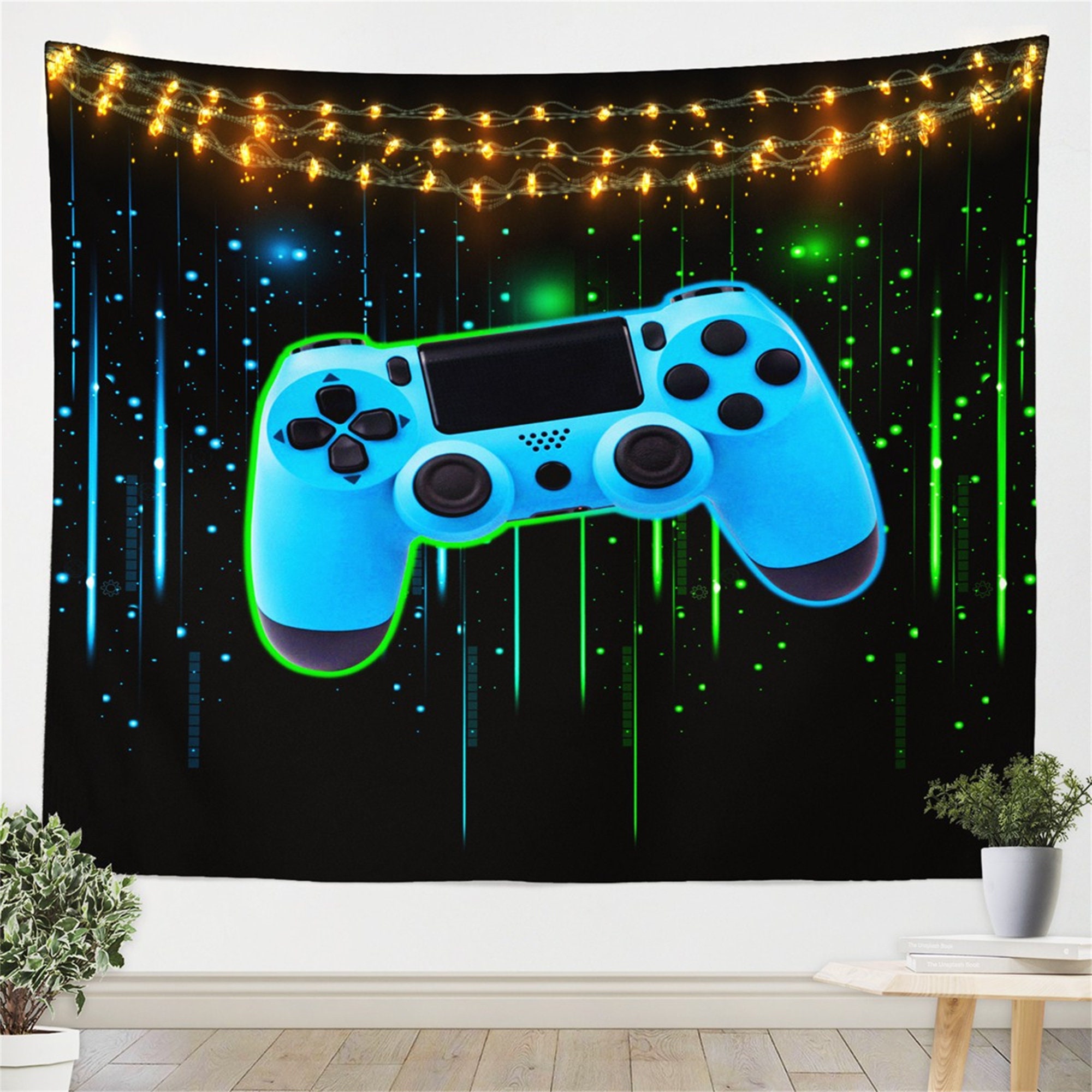 Game Pad Handmade Wall Blankets Tapestries, Video Gaming Controller Wall Hangings, Green Blue