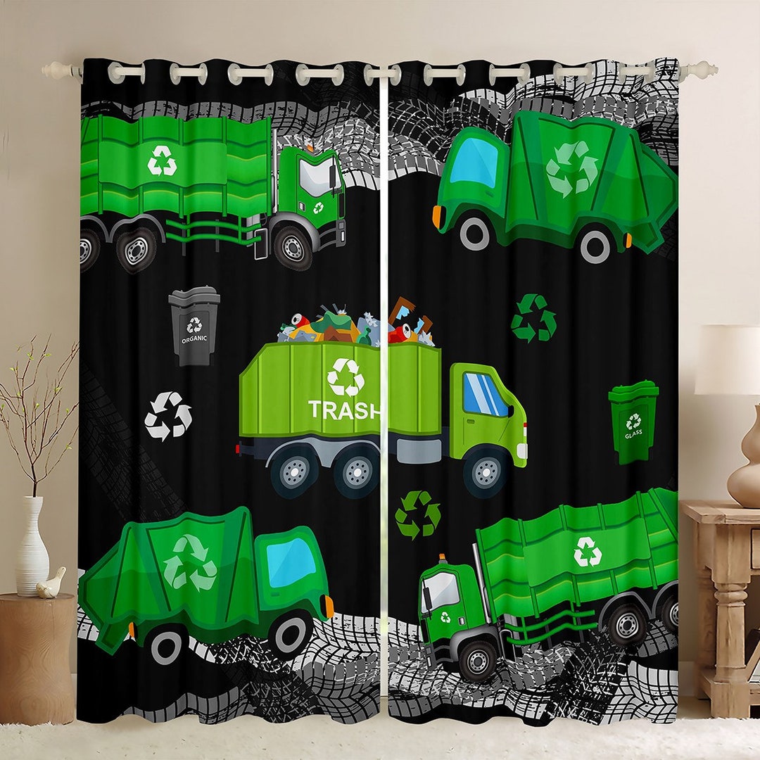 Garbage Truck Green Black Window Curtain Set, Environmental Vehicles ...