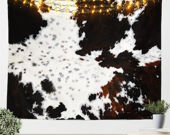 Cow Fur Tapestry White Brown Cowhide Wall Hangings for Home Decor, Animal Skin Print Wall Blankets Tapestries Rustic Art Hanging, Handmade