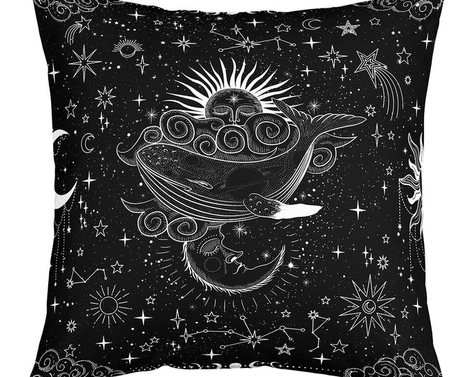 Housse de coussin baleine, exotique soleil lune fantaisie océan animal noir housse de coussin, housse de taie d'oreiller galaxie étoilée planète constellation, fait main