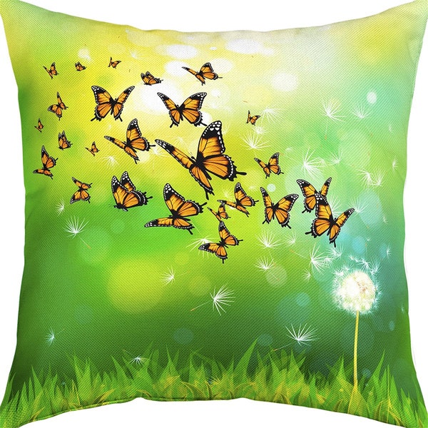 Orange Butterfly Pillow Case Cover, Garden Animal Dandelion Botanical Pillow Cover for Sofa Bed, Watercolor Green Cushion Cover, Handmade