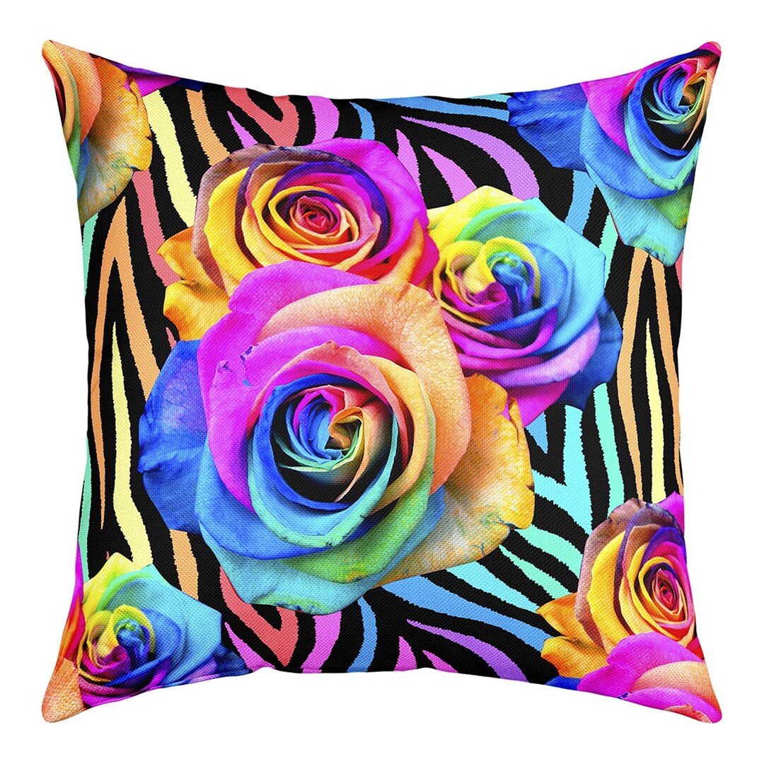 Rainbow Rose Pillow Cover for Sofa, Neon Gradient Flowers Pillow Case