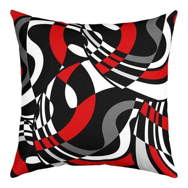 Modern Abstract Pillow Cover, Black Red White Swirl Stripe Grid Cushion Cover, Minimalism Style Geometric Pillow Case Cover, Handmade