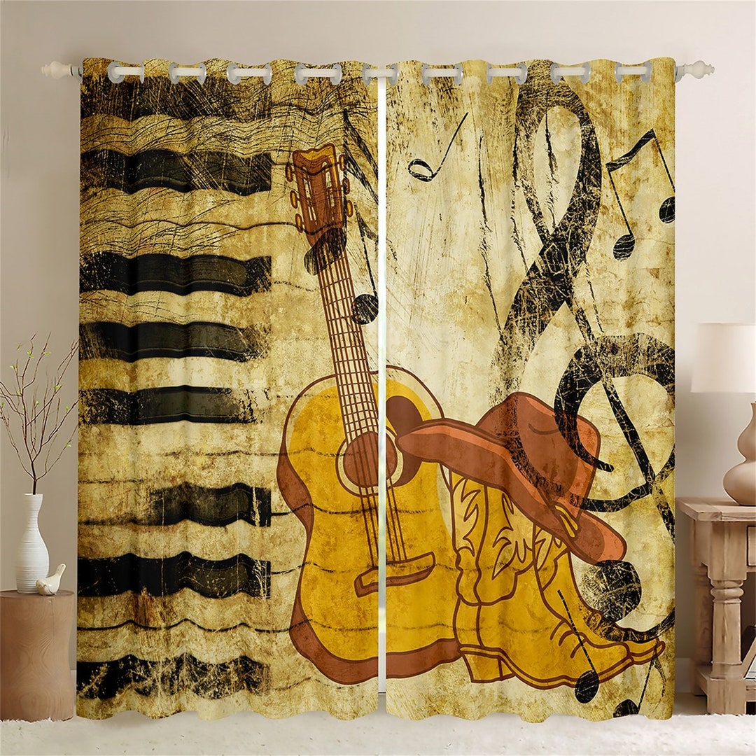 Retro Musical Notes Window Curtains, Musical Instrument Guitar Piano