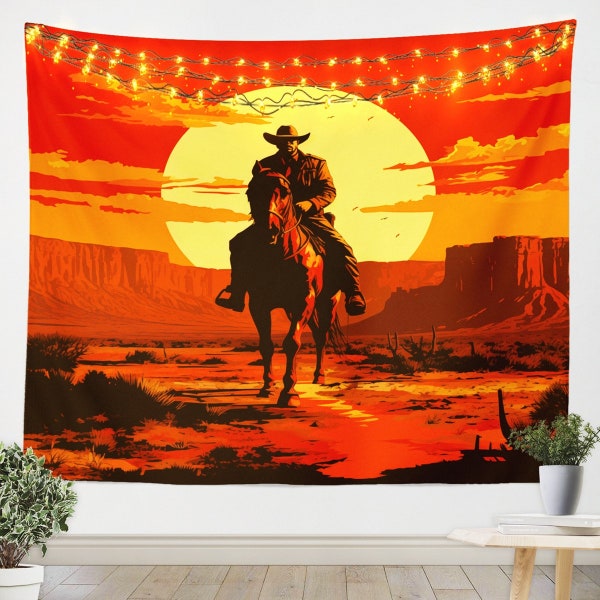 Western Cowboy Tapestries, Retro Horse Riding Tribal Wall Blankets Tapestry, Watercolor Desert Gobi Sunset Scenery Wall Hangings, Handmade