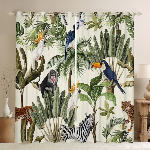 Ensemble de rideaux de fenêtre palmiers, singe toucan tropical, zèbre léopard, animal sauvage, tentures de fenêtre feuilles botaniques de la jungle, fait main