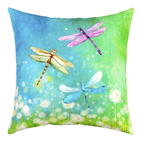 Dragonfly Handmade Pillow Cover, Nature Flying Animal Dreamy Cushion Cover, Fantasy Dandelion Flowers Watercolor Blue Green Pillow Cover