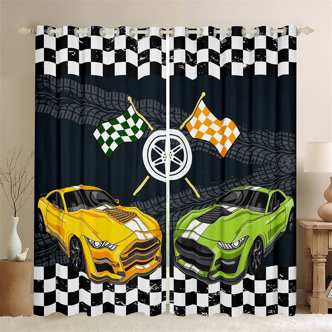 Yellow Green Race Car Window Curtains, Black White Plaid Grid