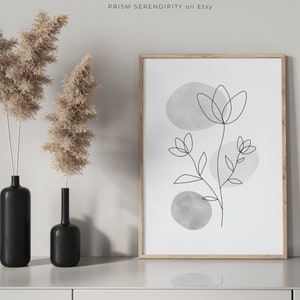 Schwarze und weiße Blume Lineart Wand Kunstdruck, druckbares Poster Schlafzimmer Dekor, modernes minimalistisches graues Kunstwerk, sofortiger Download