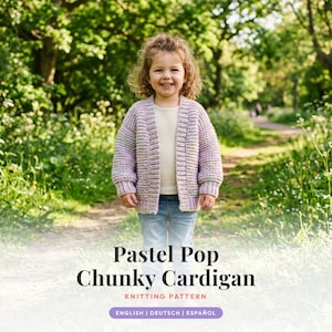 May include: A chunky knit cardigan in a variegated pastel yarn featuring shades of light purple, pink, and blue. The garment has long sleeves, a ribbed trim along the front opening, and a relaxed fit. Text on the image reads: Pastel Pop Chunky Cardigan, KNITTING PATTERN, ENGLISH | DEUTSCH | ESPAÑOL.