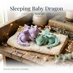 Schema per realizzare un draghetto addormentato all'uncinetto / Amigurumi senza cuciture in PDF (inglese, tedesco, spagnolo)