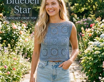Mönster för virkad crop top med blåklocka-stjärna | Starburst-spets mormors fyrkantigt linne (PDF)