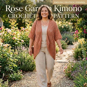 May include: A rust-colored open-front crochet kimono with a textured diamond pattern, worn over a light beige top and matching wide-leg trousers. The image includes the text Rose Garden Kimono CROCHET PATTERN in white lettering at the top.