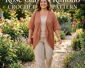 Mönster för virkad kimono i rosenträdgård, lätt sommaröverdrag XS-3XL (PDF)