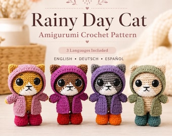 Virkmönster för Amigurumi-katt i regnig dag, kattleksak i PDF-format, nybörjarvänligt