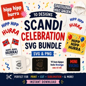 Może przedstawiać: Cyfrowy pakiet SVG z motywem skandynawskiego świętowania. Projekt zawiera tekst "Scandi Celebration SVG Bundle" i "Hipp Hipp Hurra" w kolorze czerwonym, niebieskim i białym. Zawiera również białą bluzę z kapturem z napisem "Hipp Hipp Hurra".