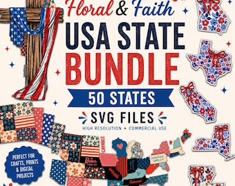 Blommigt USA-statspaket, patriotiska trosdesigner, 50 staters SVG-filer