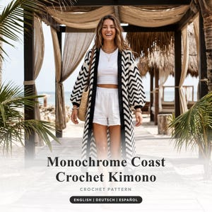 Patrón Ganchillo Kimono | Cárdigan Zig Zag PDF | Salida de Playa Crochet | Chaqueta Verano Boho | Punto Chevron Kimono